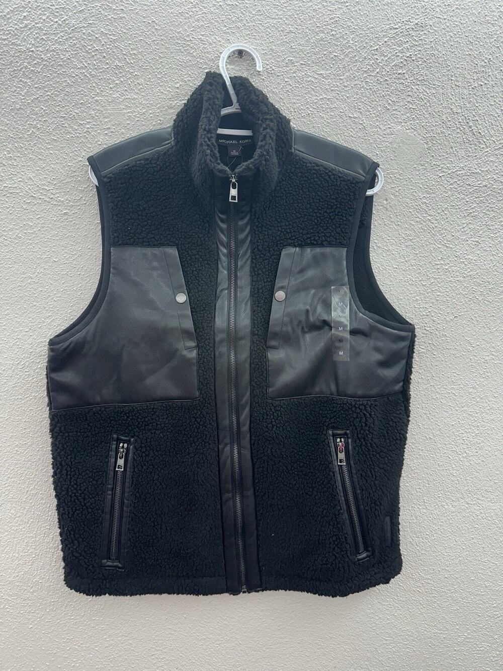 Michael Kors Mens Vest Size Medium Black Sherpa Faux Leather Detail Zip Up NWTs